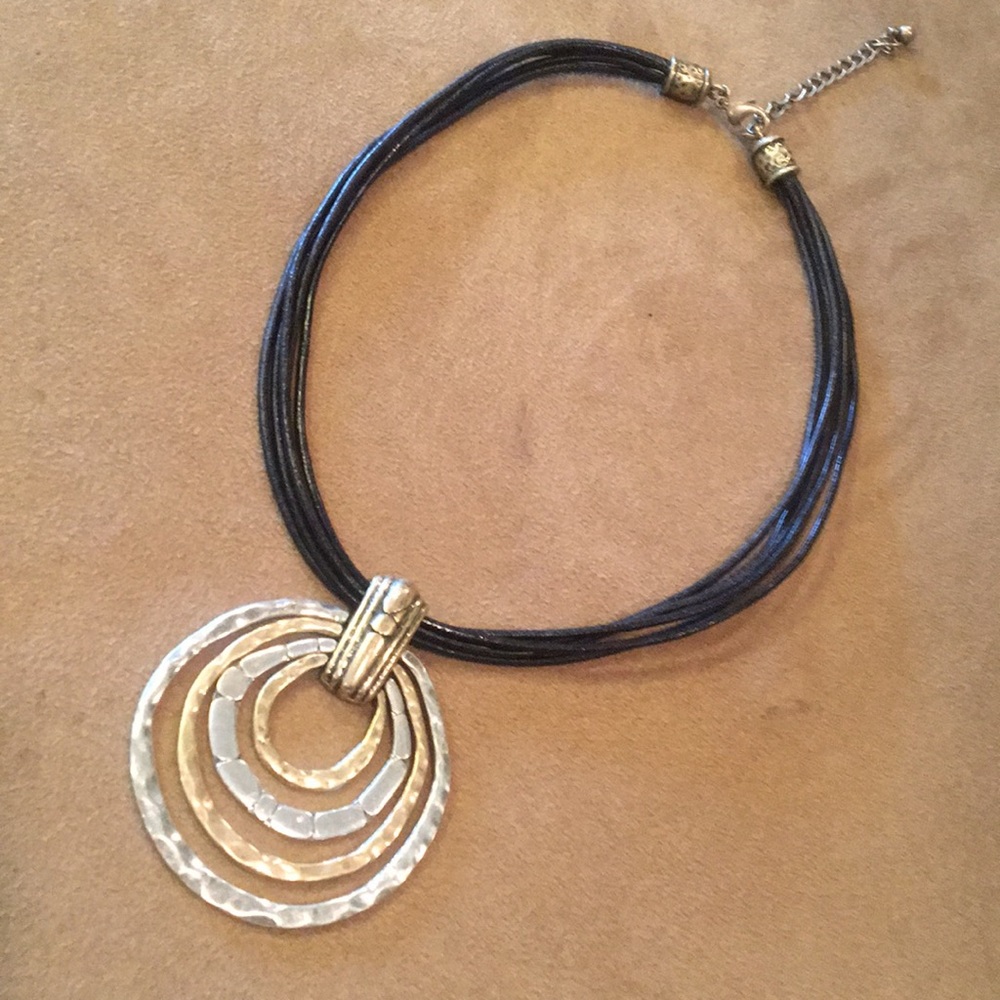 Black necklace w/ gold & silver circles - Picture 2 of 4